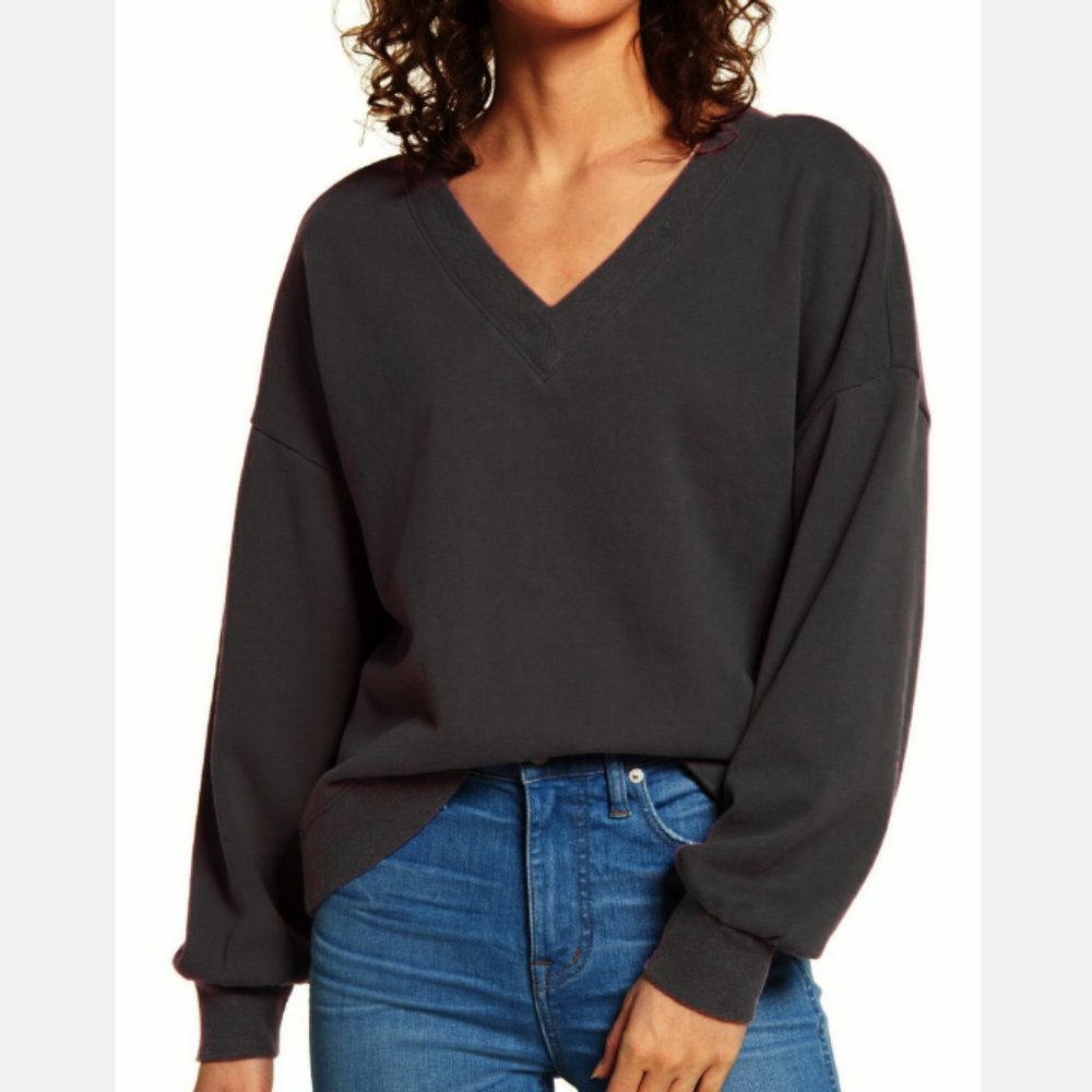 MADEWELL BLACK HEMP-COTTOM V-NECK SWEATSHIRT